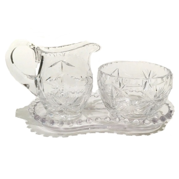 Vintage Carved Crystal Creamer Sugar Bowl and Tray Set Stars Flower Glassware - Picture 1 of 9